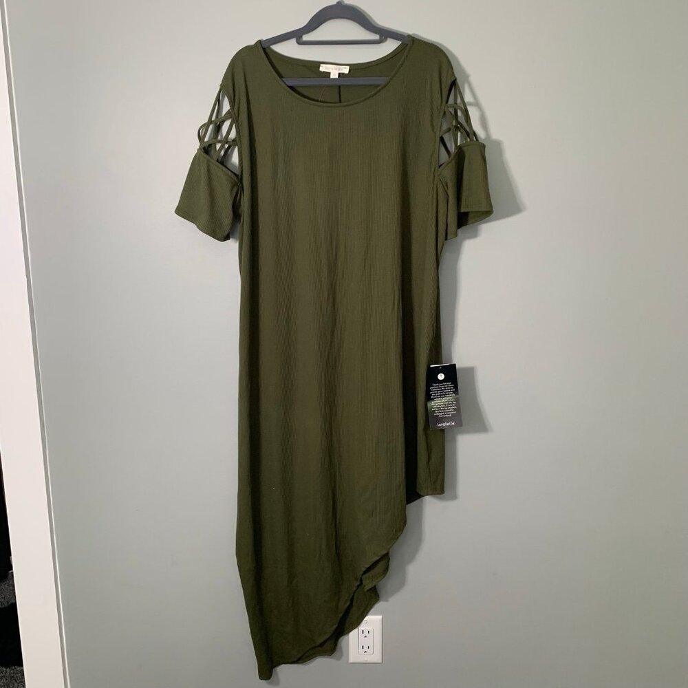 NEW Loralette Asymmetrical Dress‎ Women 3X Olive Green Lattice Shoulder Ribbed